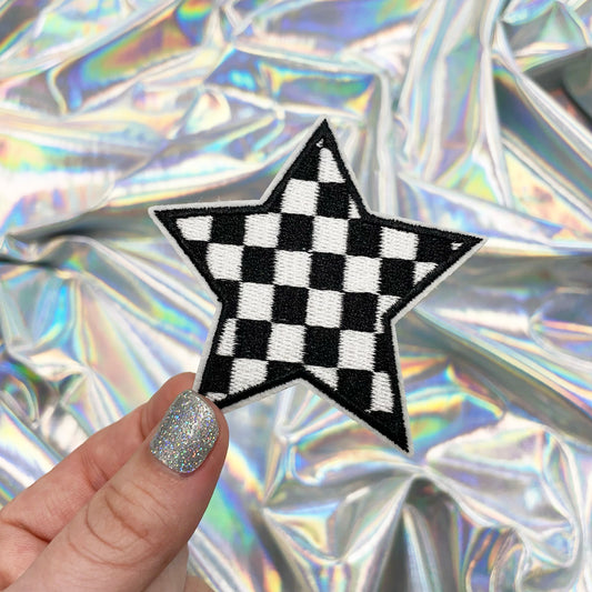 Black and White Checkered Star Iron On Patch