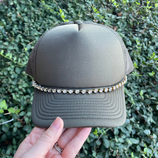 Trucker Hat with Rhinestones - Olive