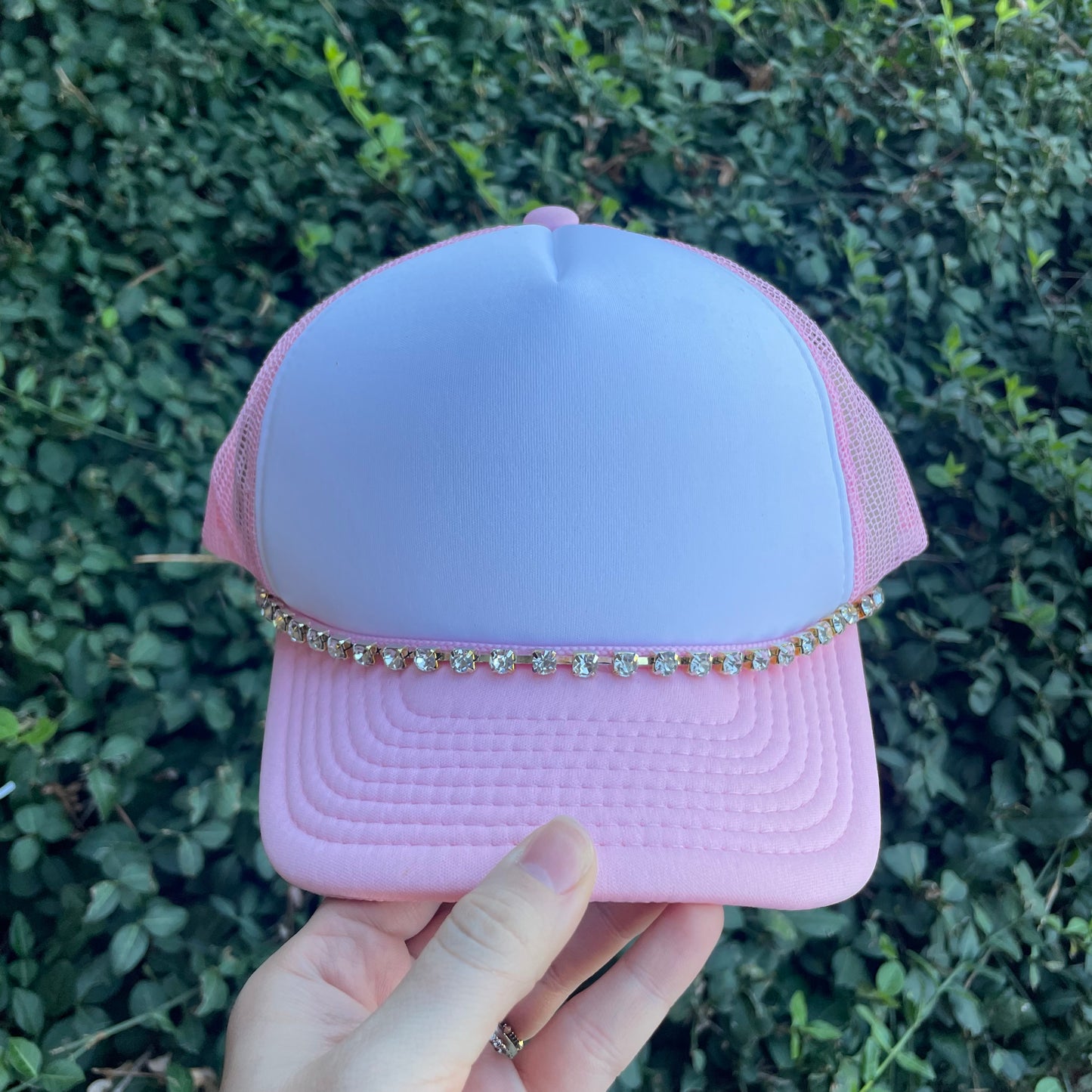 Trucker Hat with Rhinestones - Pink & White