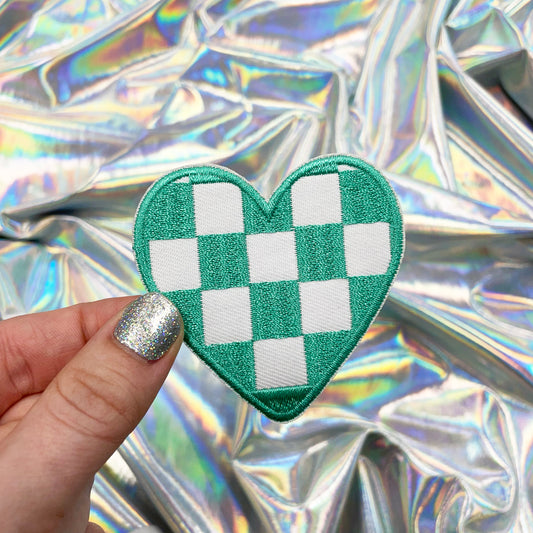 Mint Checkered Heart Patch Iron-On for Hats