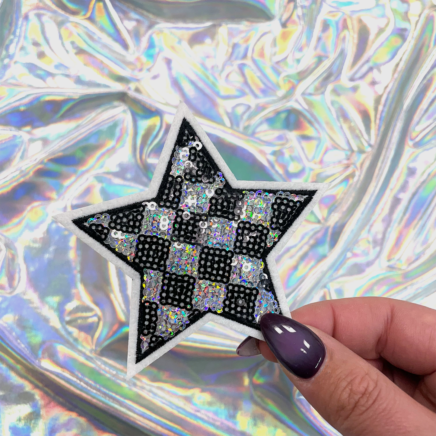 Silver Checkered Sequin Star Patch Iron-On for Hats