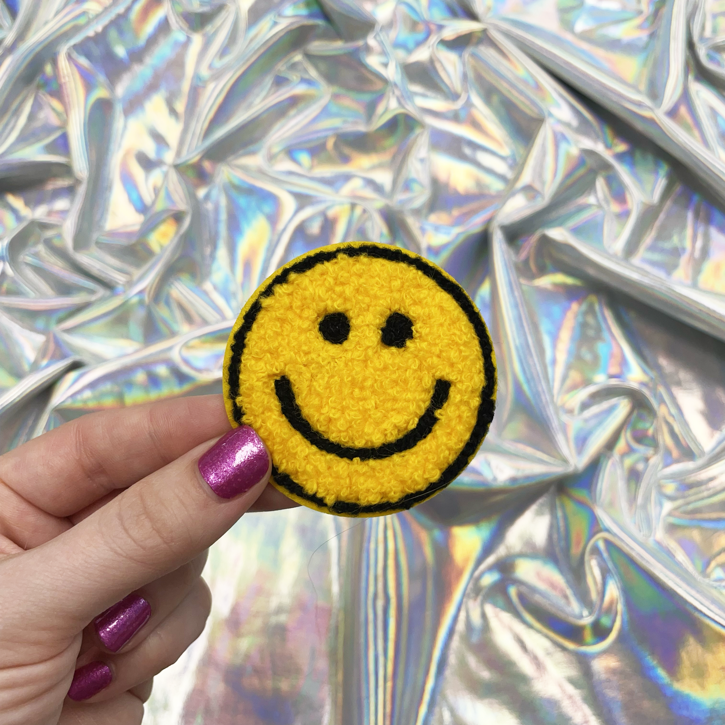 Yellow Smile chenille Embroidered Patch, Iron-On for Hats