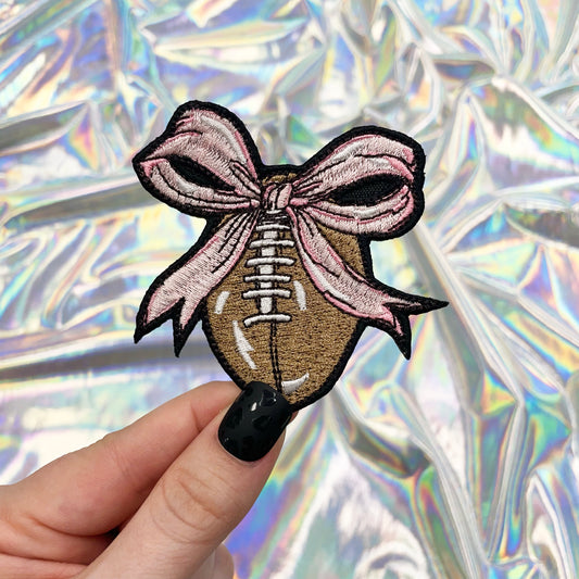 Football with Pink Bow Embroidered Patch Iron-On for Hats