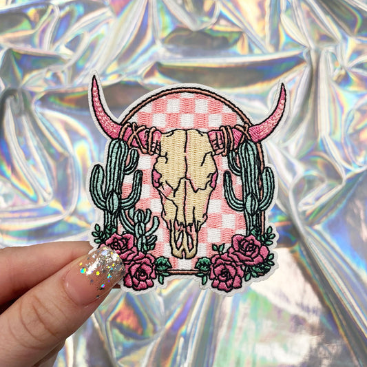 Pink Steer Skull with Cacti and Roses Embroidered Patch Iron-On for Hats