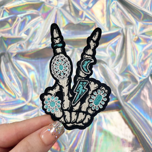 Skeleton Hand with Turquoise Rings Embroidered Patch Iron-On for Hats